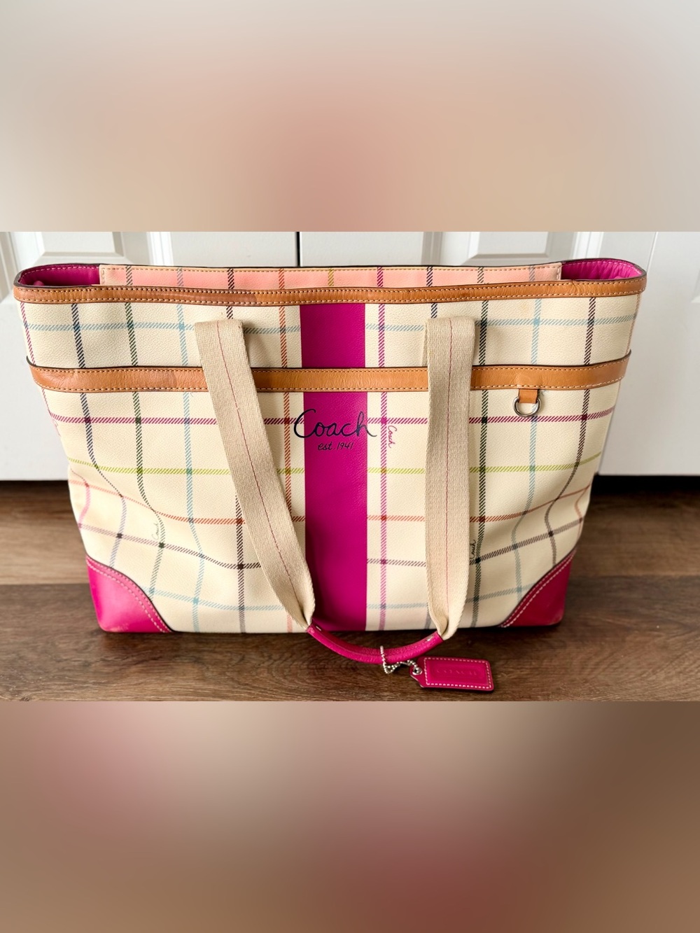 COACH | Heritage Stripe Tattersall Plaid Tote | Plaid Shoulder Bag | Travel Tote - Picture 3 of 17